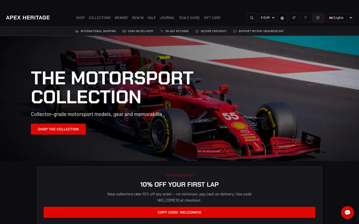 Apex Heritage storefront — a motorsport collectibles store built on NEXT BASKET AI