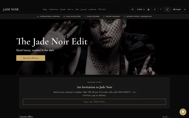 Jade Noir storefront — a women’s fashion store built on NEXT BASKET AI
